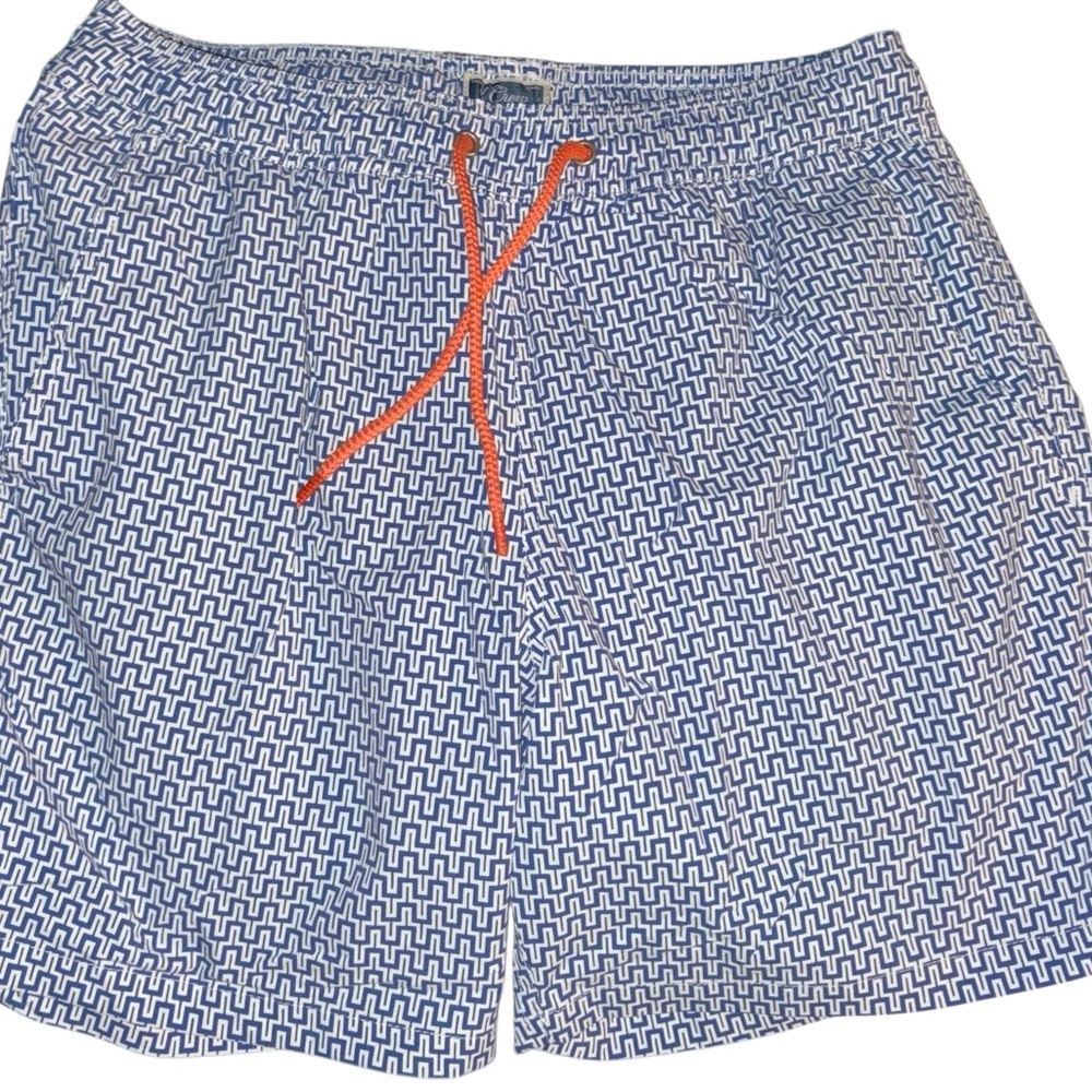 J. Crew Geometric Blue and White Classic Swim Shorts with Orange Accent… New!
